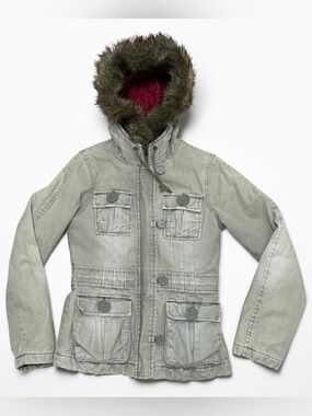 Abercrombie & Fitch Canvas Cargo Hooded Coat Green Army Utility Jacket XS